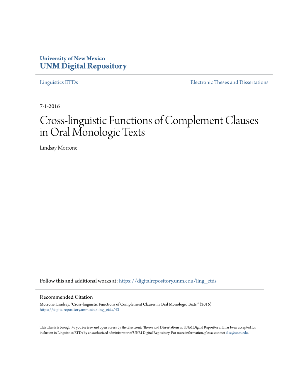 Cross-Linguistic Functions of Complement Clauses in Oral Monologic Texts Lindsay Morrone