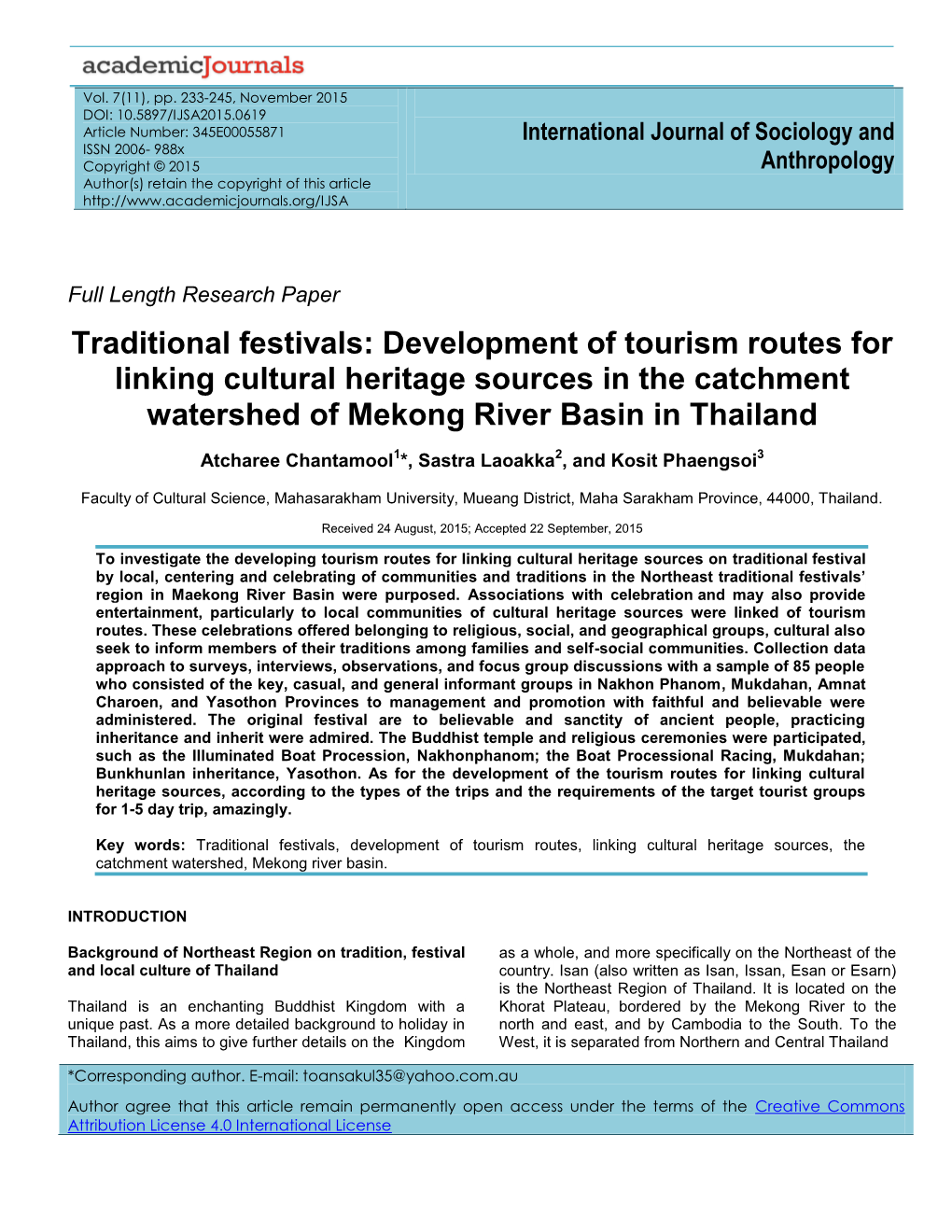 Traditional Festivals: Development of Tourism Routes for Linking Cultural Heritage Sources in the Catchment Watershed of Mekong River Basin in Thailand