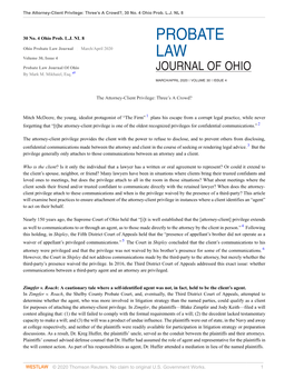 PROBATE Ohio Probate Law Journal | March/April 2020 LAW Volume 30, Issue 4 Probate Law Journal of Ohio JOURNAL of OHIO by Mark M