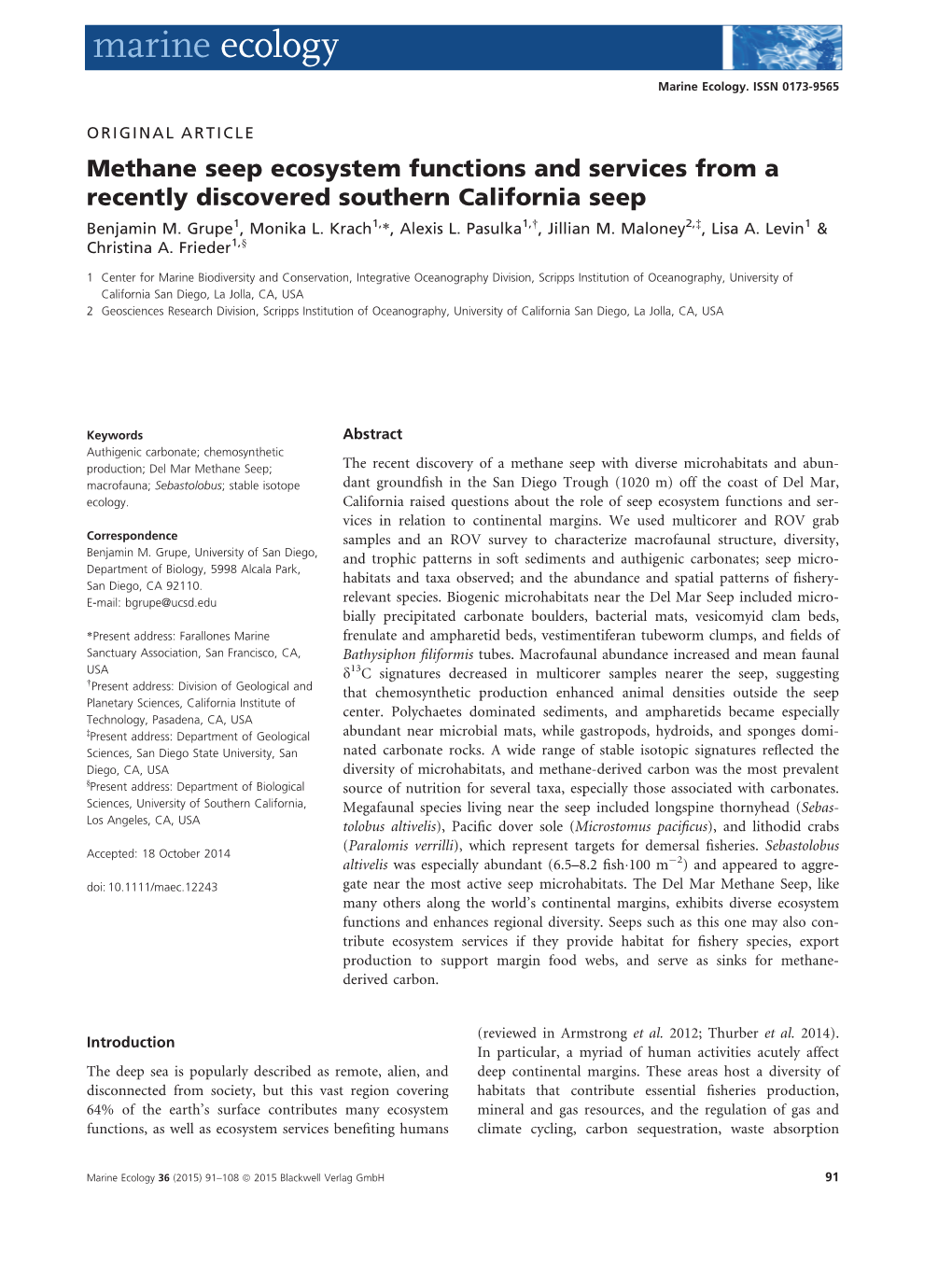 Methane Seep Ecosystem Functions and Services from a Recently Discovered Southern California Seep Benjamin M