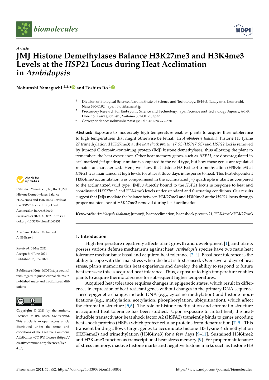 JMJ Histone Demethylases Balance H3k27me3 and H3k4me3 Levels at the HSP21 Locus During Heat Acclimation in Arabidopsis