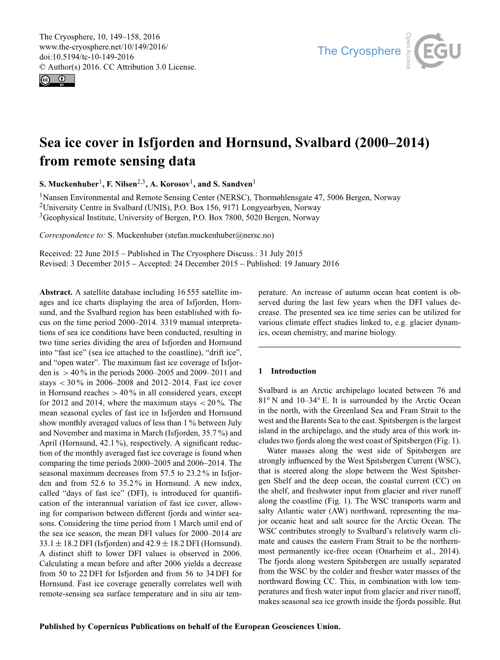 Sea Ice Cover in Isfjorden and Hornsund, Svalbard (2000–2014) from Remote Sensing Data