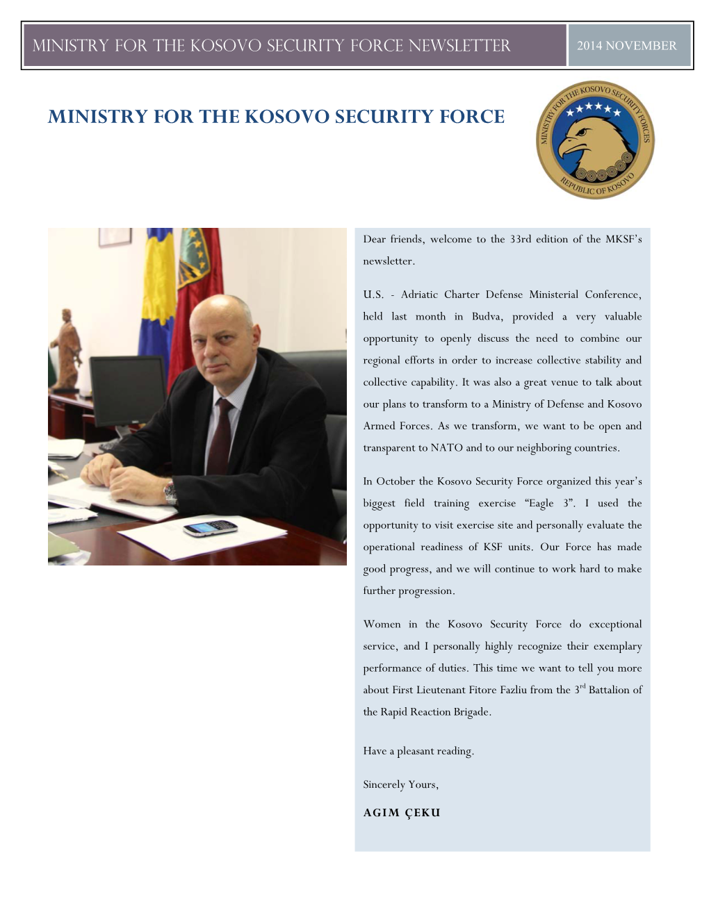 Ministry for the Kosovo Security Force Newsletter 2014 November