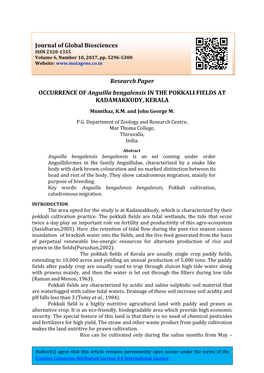 Research Paper OCCURRENCE of Anguilla Bengalensis in the POKKALI FIELDS at KADAMAKKUDY, KERALA