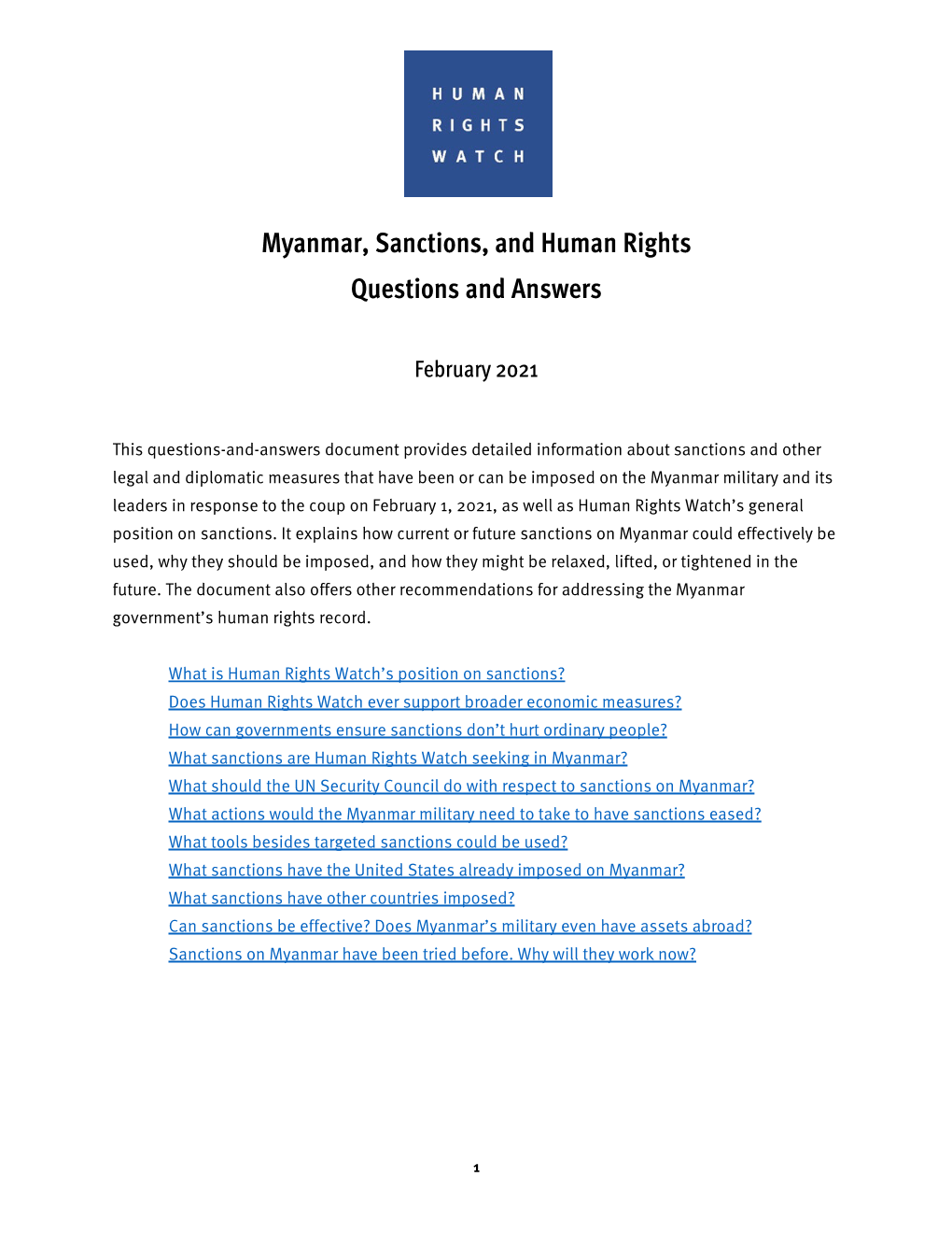 Myanmar, Sanctions, and Human Rights Questions and Answers