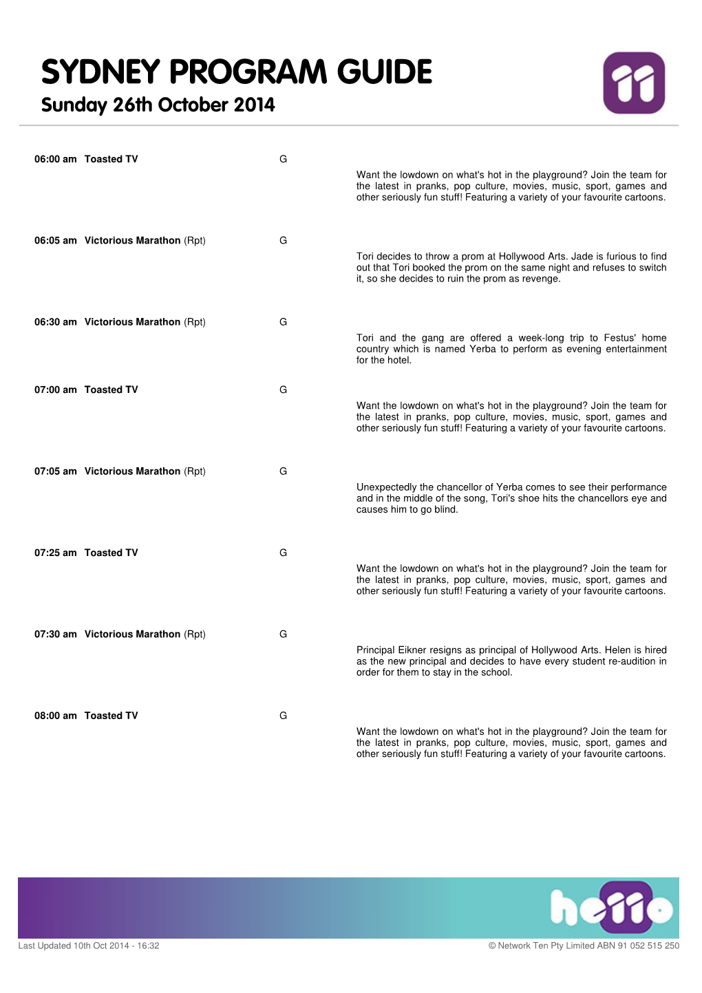 SYDNEY PROGRAM GUIDE Sunday 26Th October 2014