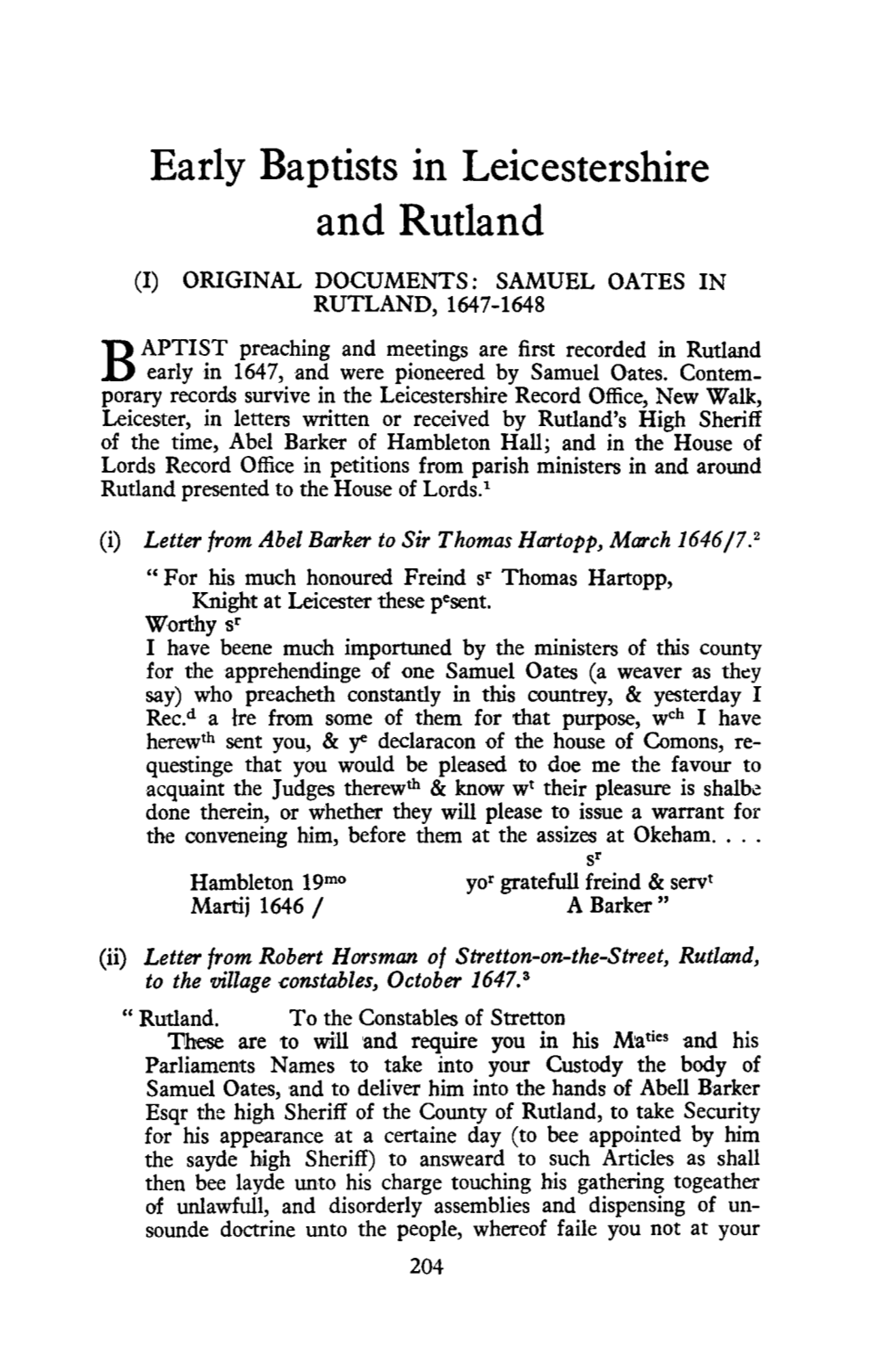 Early Baptists in Leicestershire and Rutland