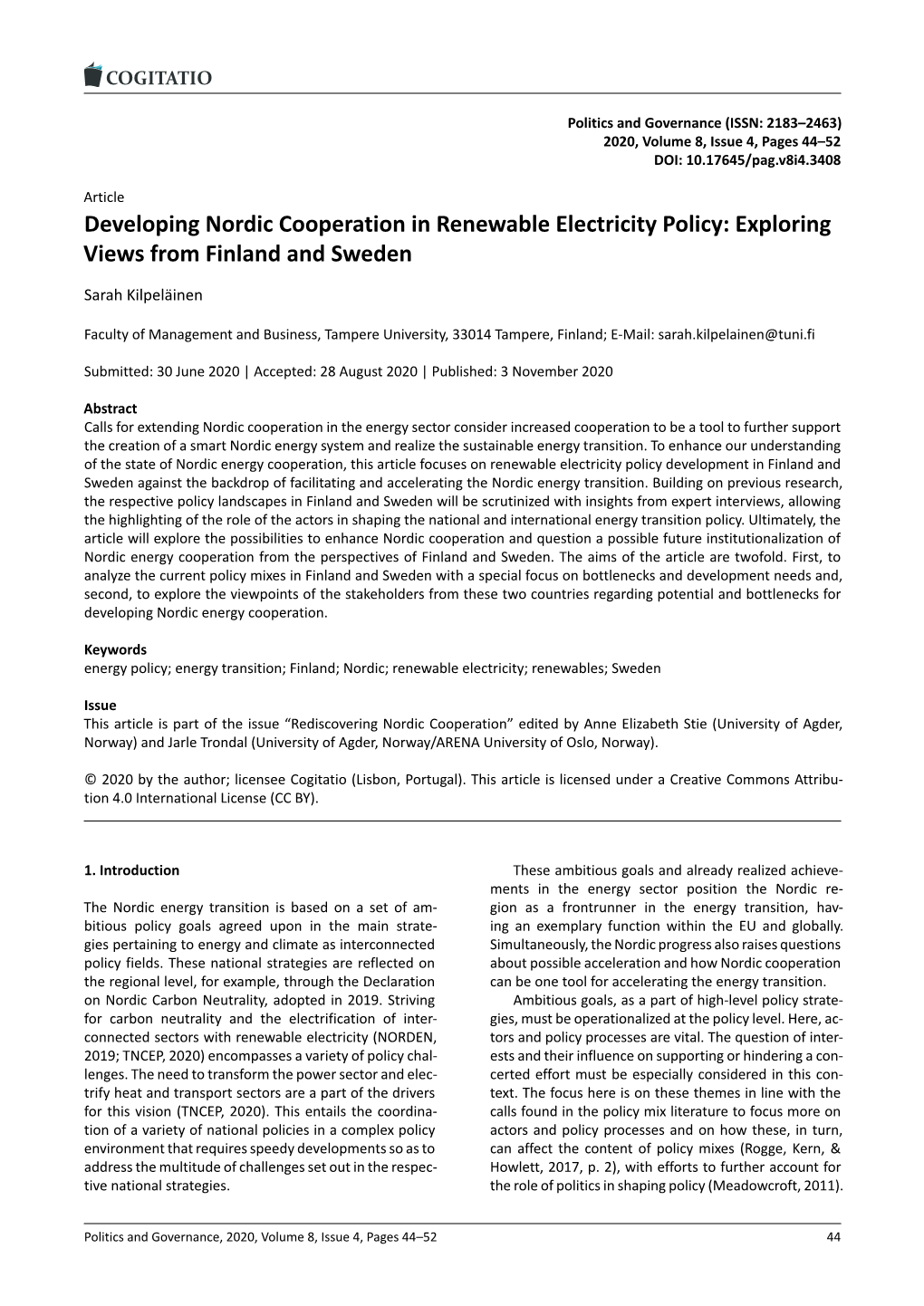 Developing Nordic Cooperation in Renewable Electricity Policy: Exploring Views from Finland and Sweden