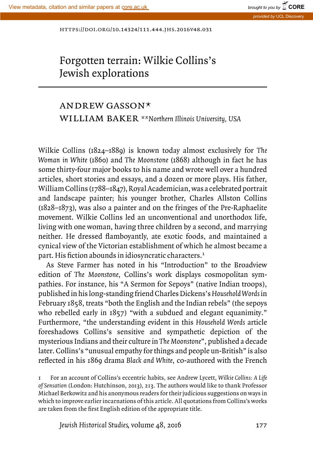 Forgotten Terrain: Wilkie Collins's Jewish Explorations Andrew Gasson*
