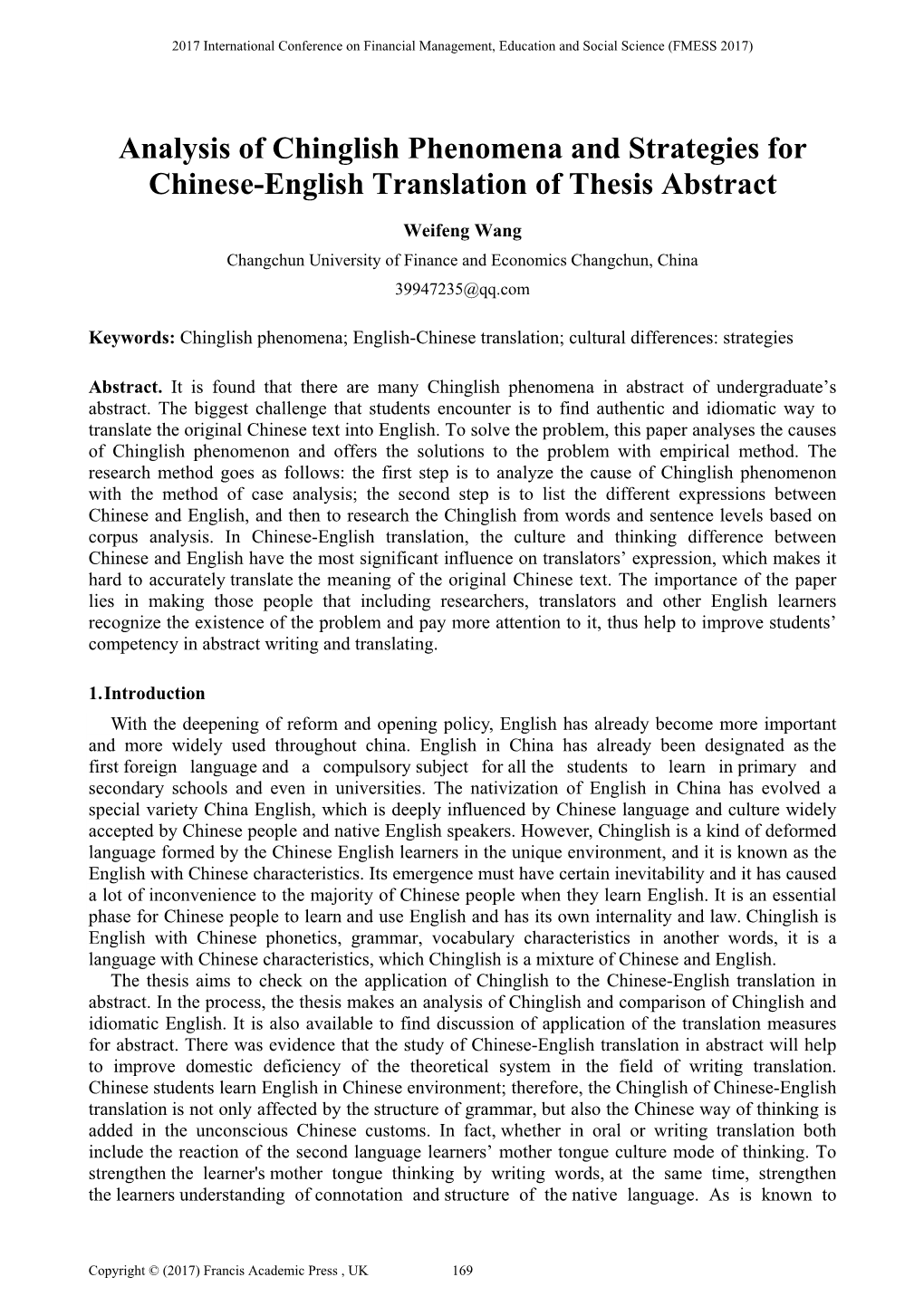 Analysis of Chinglish Phenomena and Strategies for Chinese-English Translation of Thesis Abstract