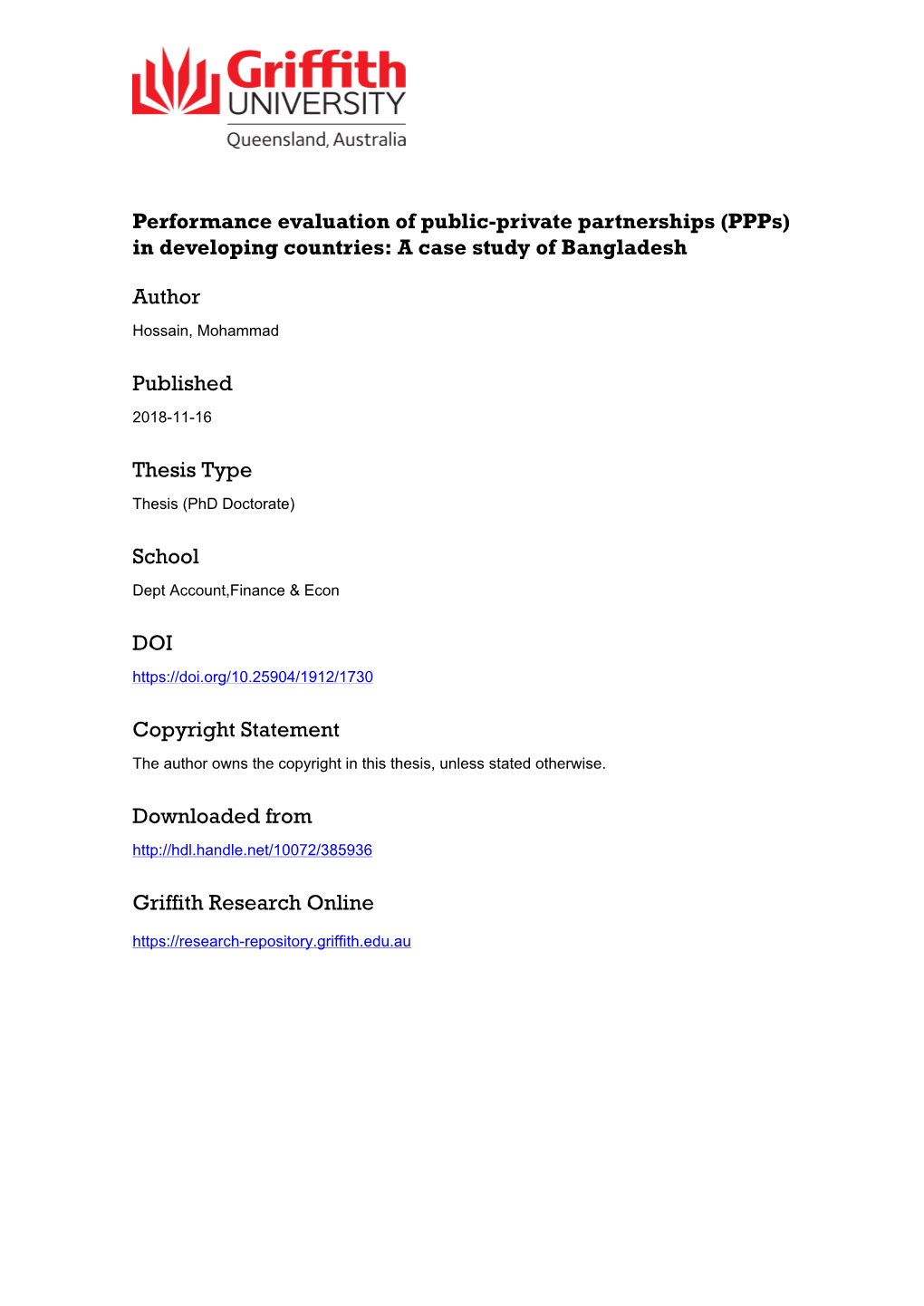 (Ppps) in Developing Countries: a Case Study of Bangladesh