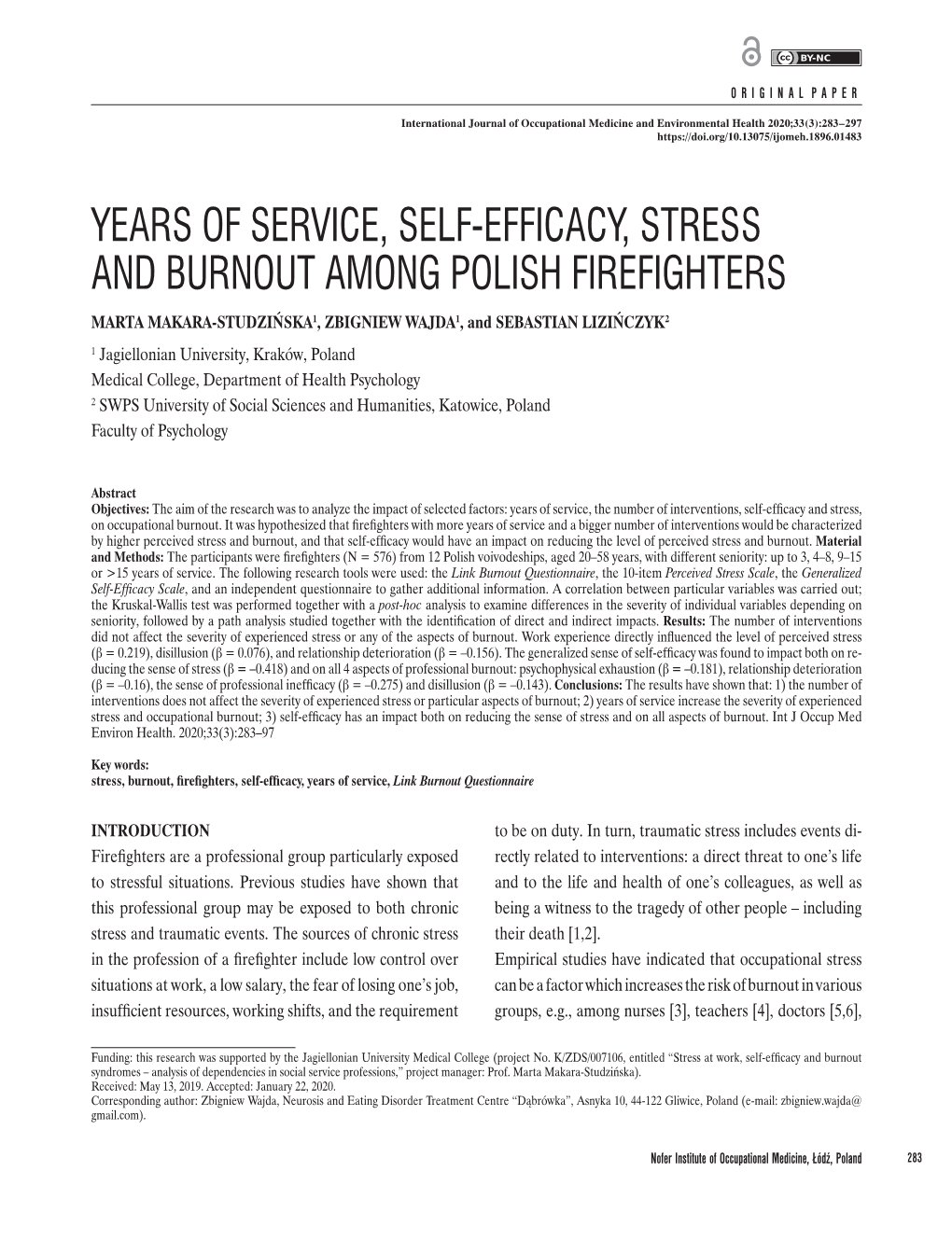 Years of Service, Self-Efficacy, Stress and Burnout Among Polish Firefighters
