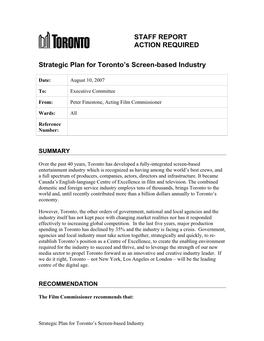 STAFF REPORT ACTION REQUIRED Strategic Plan for Toronto's Screen