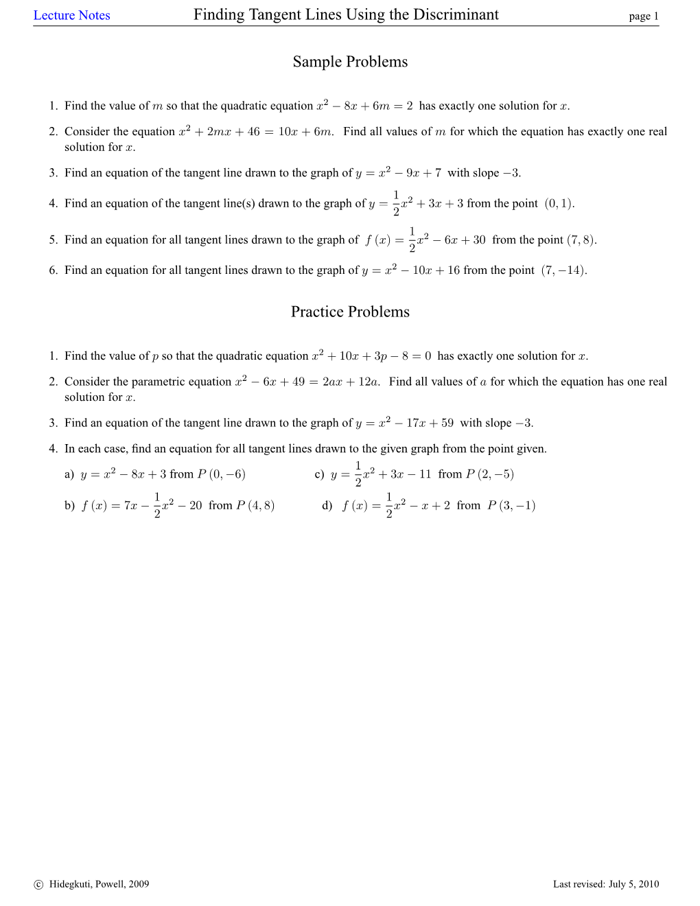 Finding Tangent Lines Using the Discriminant Page 1