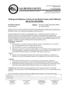Widespread Influenza Activity in San Benito County and California HEALTH ADVISORY