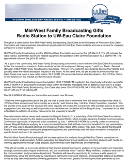 Mid-West Family Broadcasting Gifts Radio Station to UW-Eau Claire Foundation