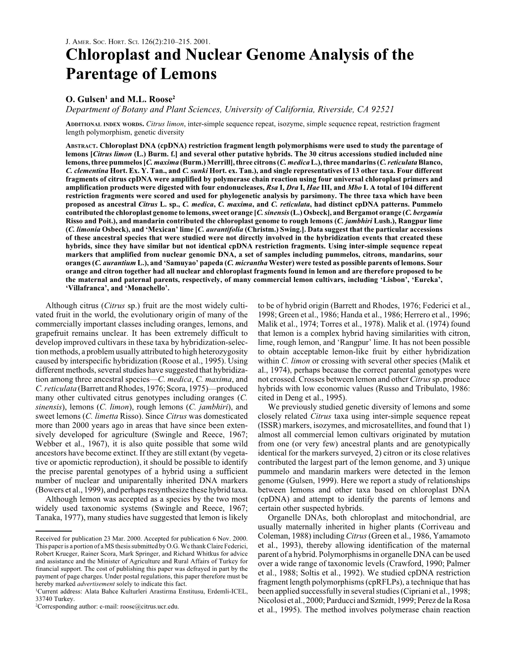 Chloroplast and Nuclear Genome Analysis of the Parentage of Lemons