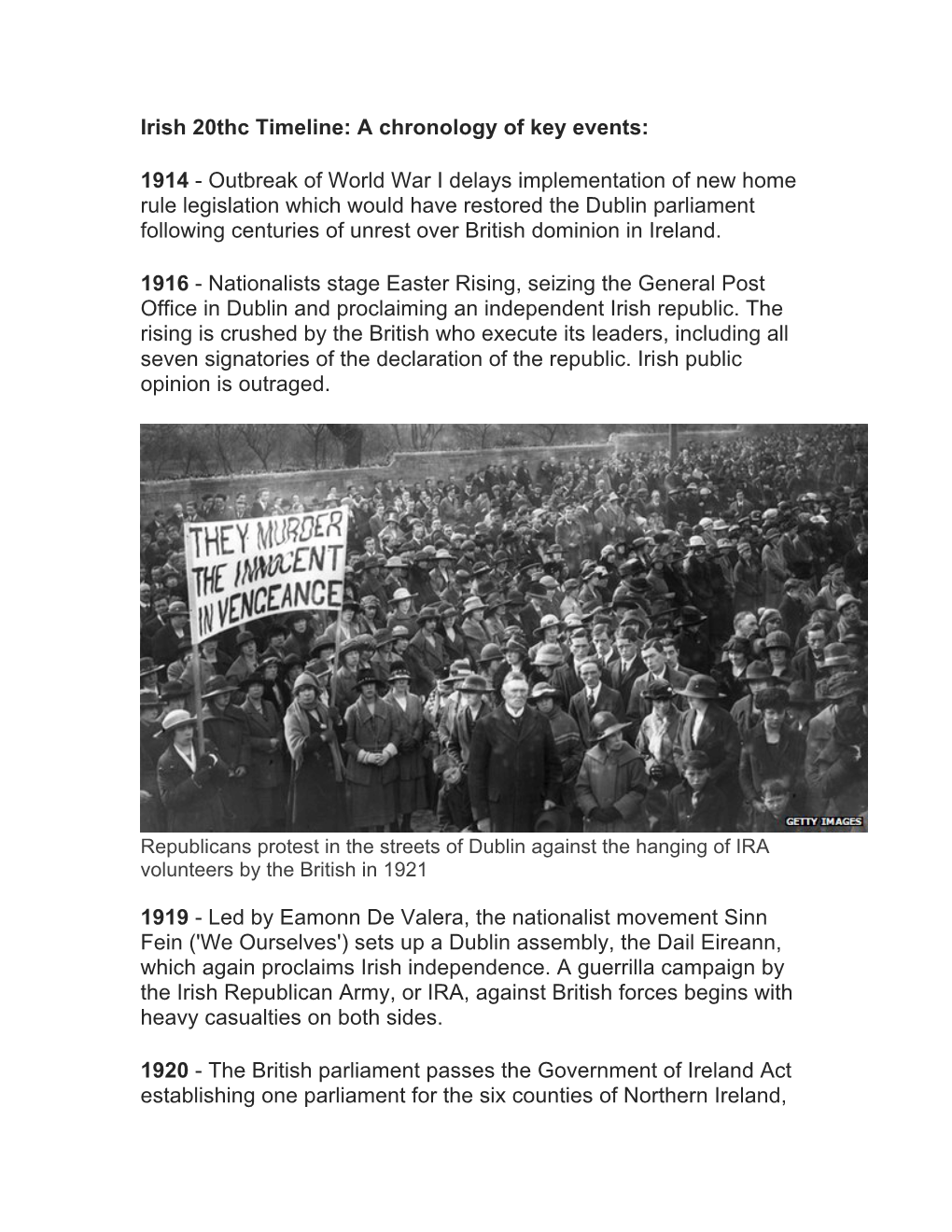 Irish 20Thc Timeline: a Chronology of Key Events