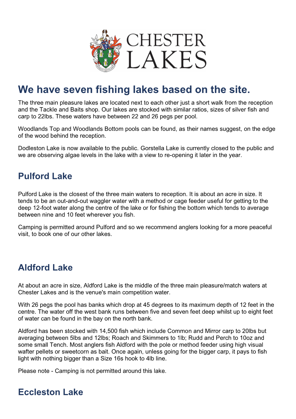 For a Printable Information Sheet on Fishing the Lakes