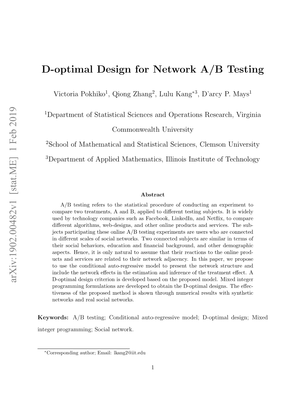 D-Optimal Design for Network A/B Testing Arxiv:1902.00482V1