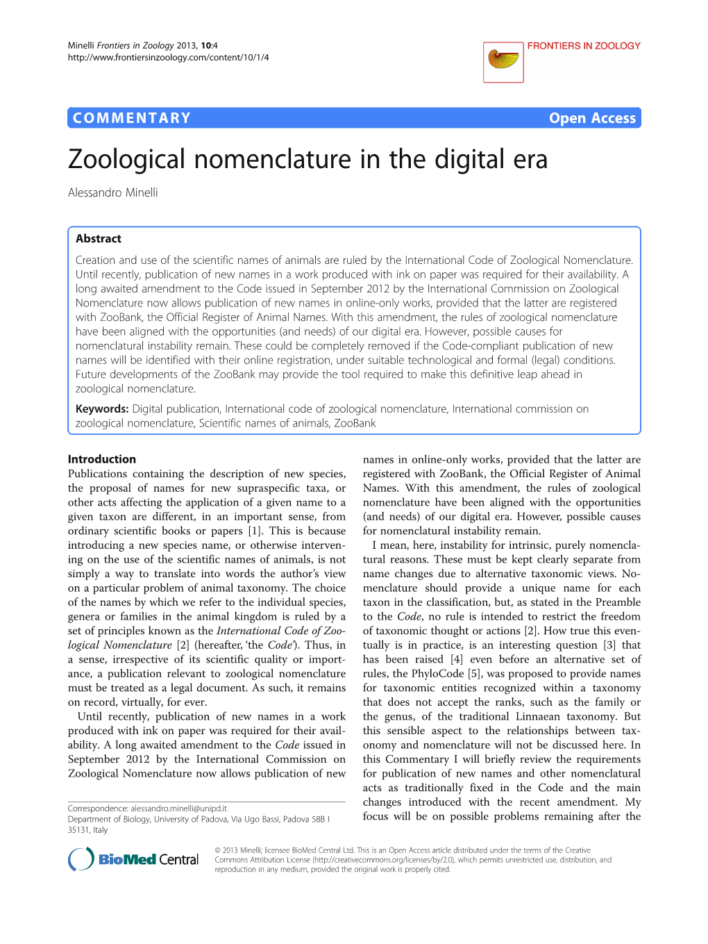 Zoological Nomenclature in the Digital Era Alessandro Minelli