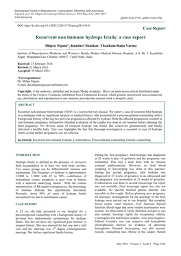 Recurrent Non Immune Hydrops Fetalis: a Case Report