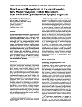 Structure and Biosynthesis of the Jamaicamides, New Mixed Polyketide-Peptide Neurotoxins from the Marine Cyanobacterium Lyngbya Majuscula