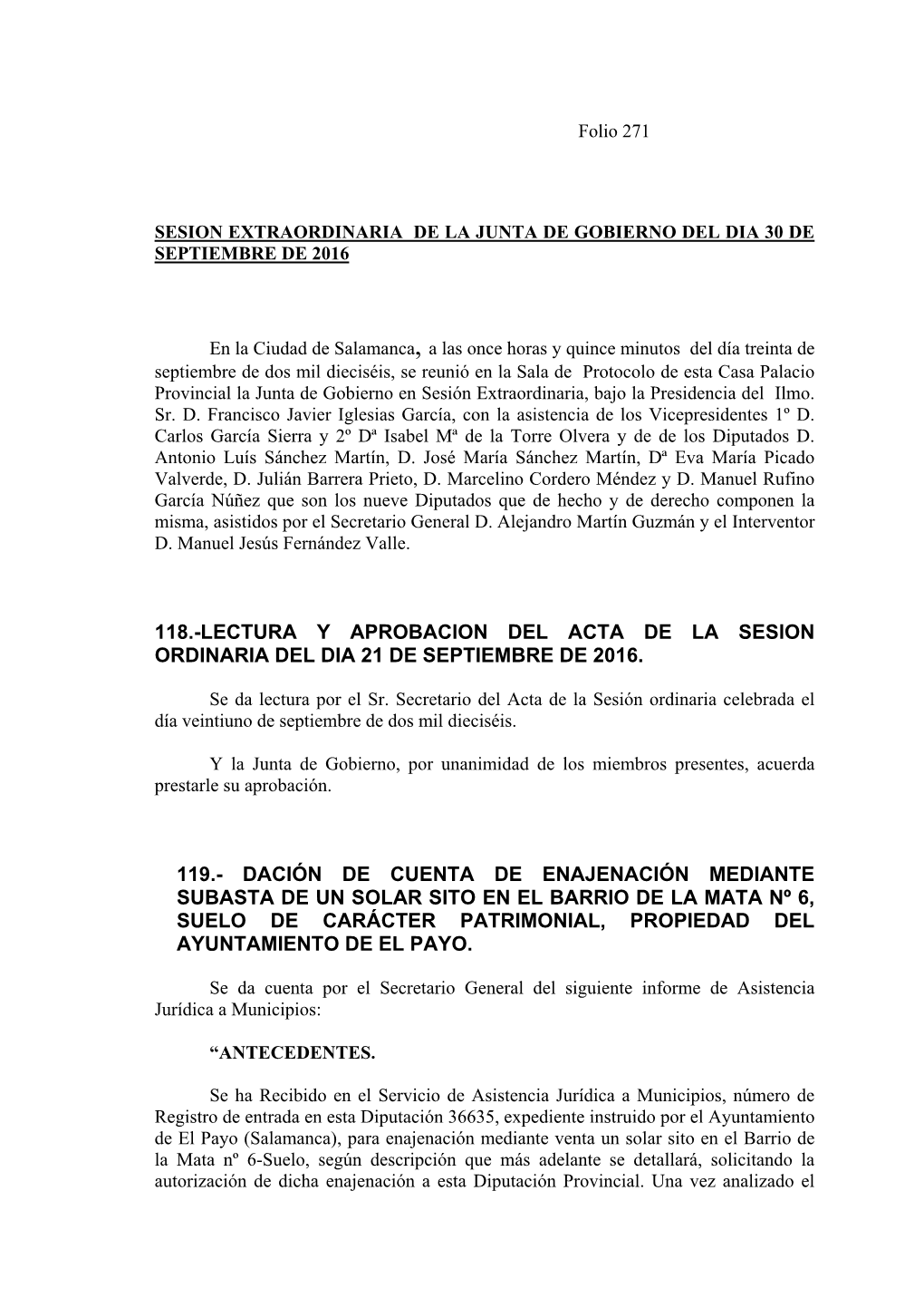 118.-Lectura Y Aprobacion Del Acta De La Sesion Ordinaria Del Dia 21 De Septiembre De 2016