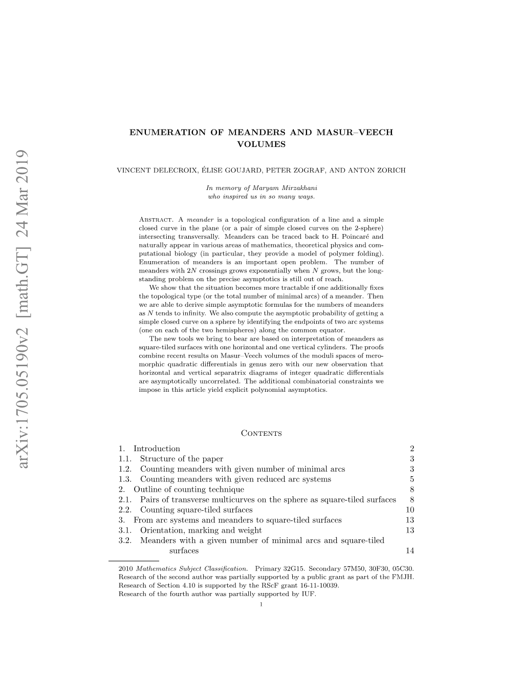 Enumeration of Meanders and Masur-Veech Volumes