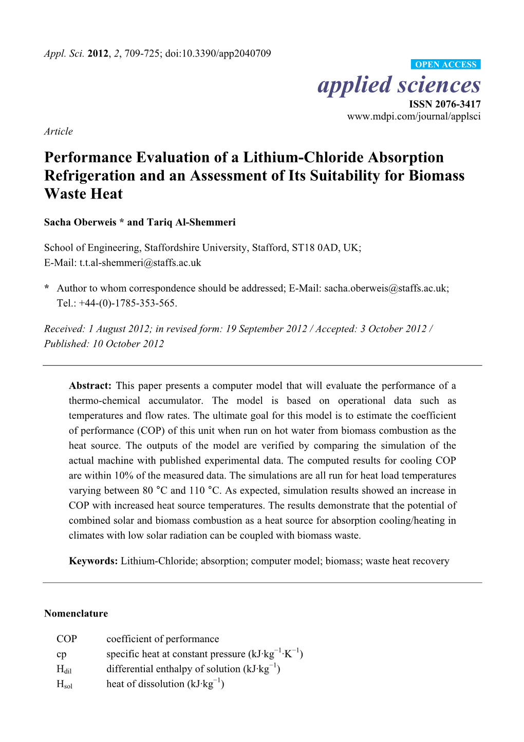 Performance Evaluation of a Lithium-Chloride Absorption Refrigeration and an Assessment of Its Suitability for Biomass Waste Heat