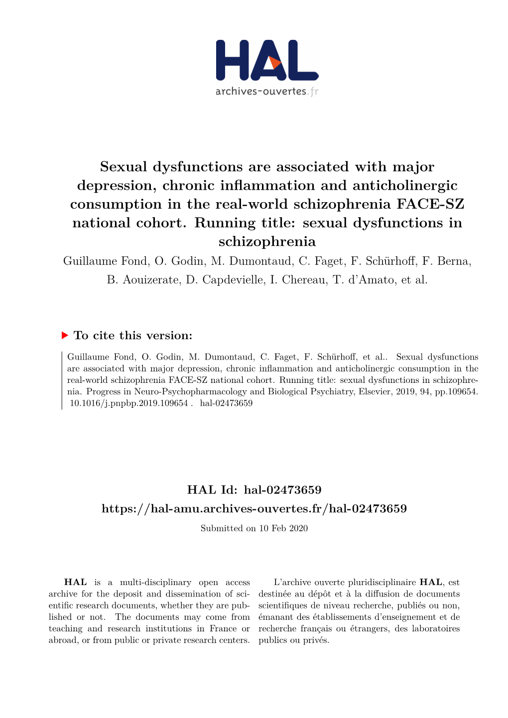 Sexual Dysfunctions Are Associated with Major Depression, Chronic Inflammation and Anticholinergic Consumption in the Real-World Schizophrenia FACE-SZ National Cohort