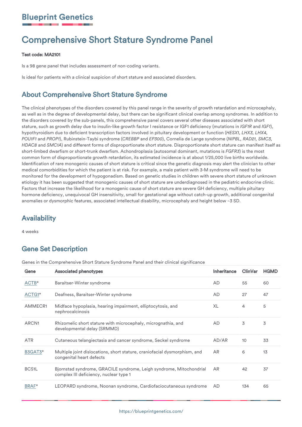 Blueprint Genetics Comprehensive Short Stature Syndrome Panel