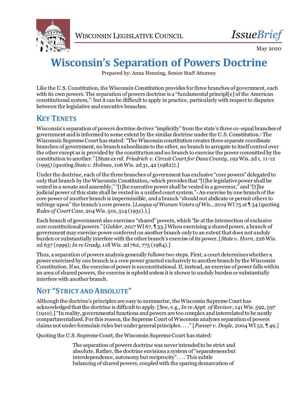 Wisconsin's Separation of Powers Doctrine