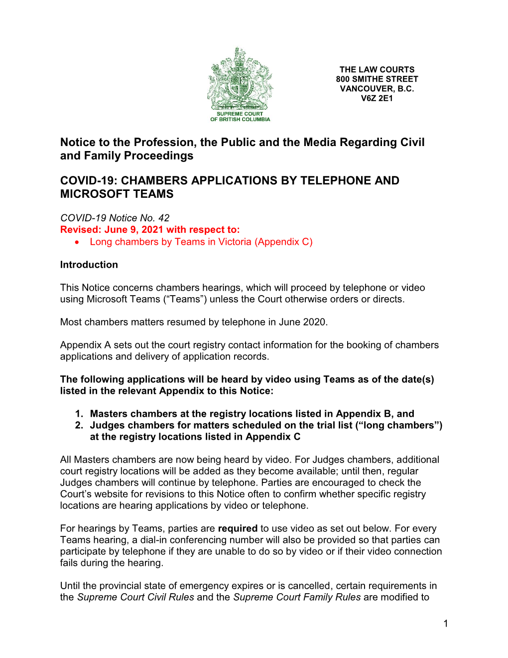 COVID-19 Notice No. 42: Chambers Applications by Telephone