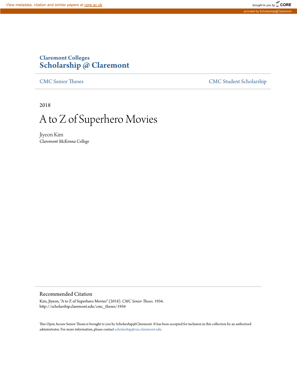 A to Z of Superhero Movies Jiyeon Kim Claremont Mckenna College