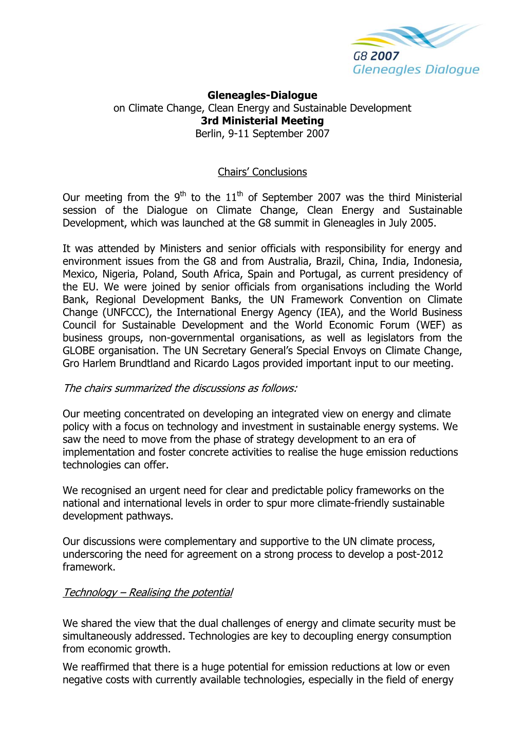 Gleneagles-Dialogue on Climate Change, Clean Energy and Sustainable Development 3Rd Ministerial Meeting Berlin, 9-11 September 2007