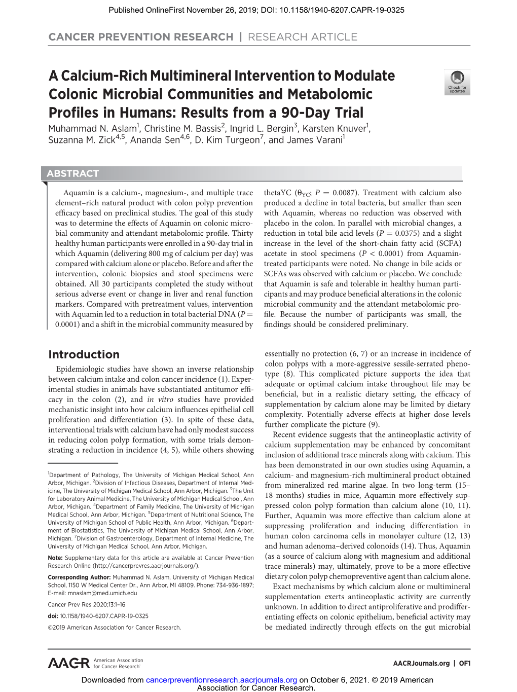 A Calcium-Rich Multimineral Intervention to Modulate Colonic Microbial Communities and Metabolomic Proﬁles in Humans: Results from a 90-Day Trial Muhammad N