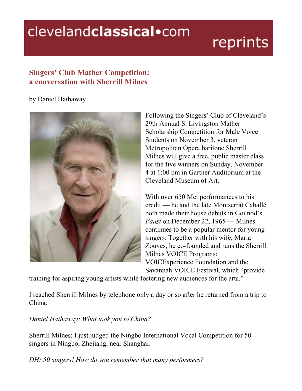 Singers' Club Mather Competition: a Conversation with Sherrill Milnes