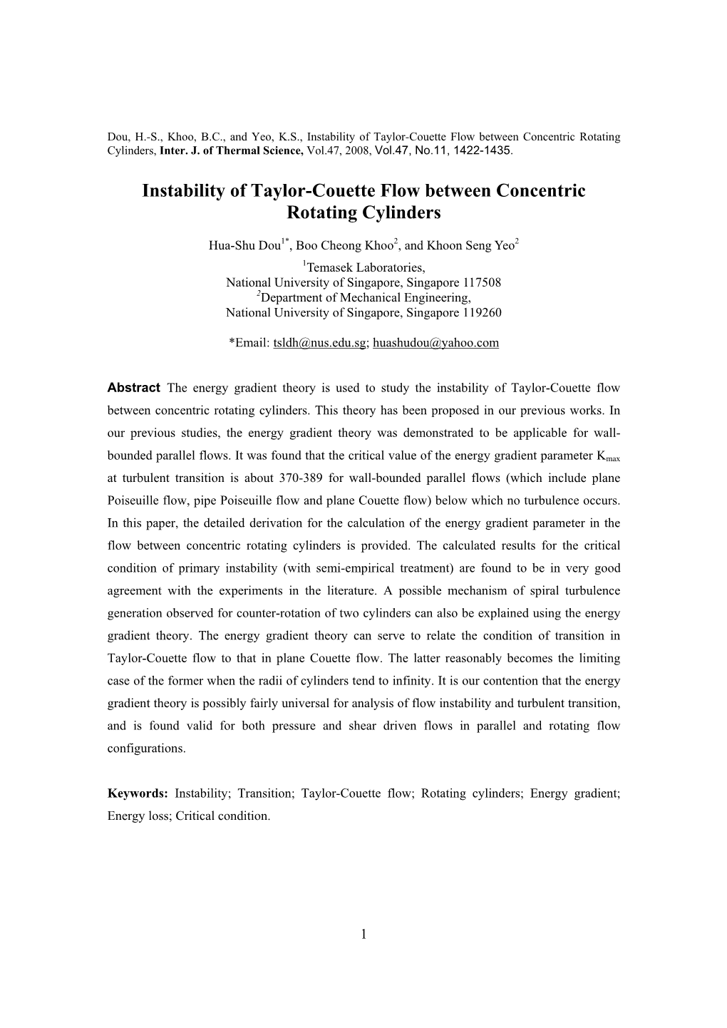 Instability of Taylor-Couette Flow Between Concentric Rotating Cylinders, Inter