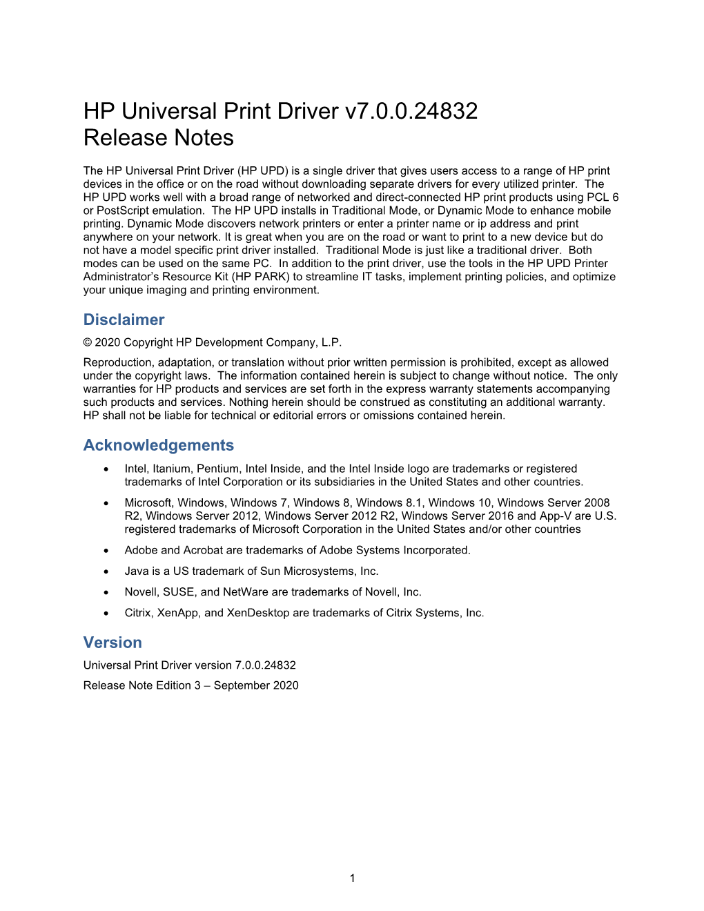 HP Universal Print Driver (UPD) Release Notes