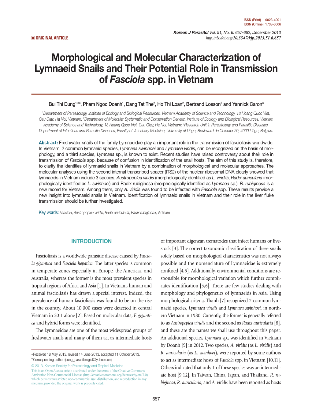 Morphological and Molecular Characterization of Lymnaeid Snails and Their Potential Role in Transmission of Fasciola Spp