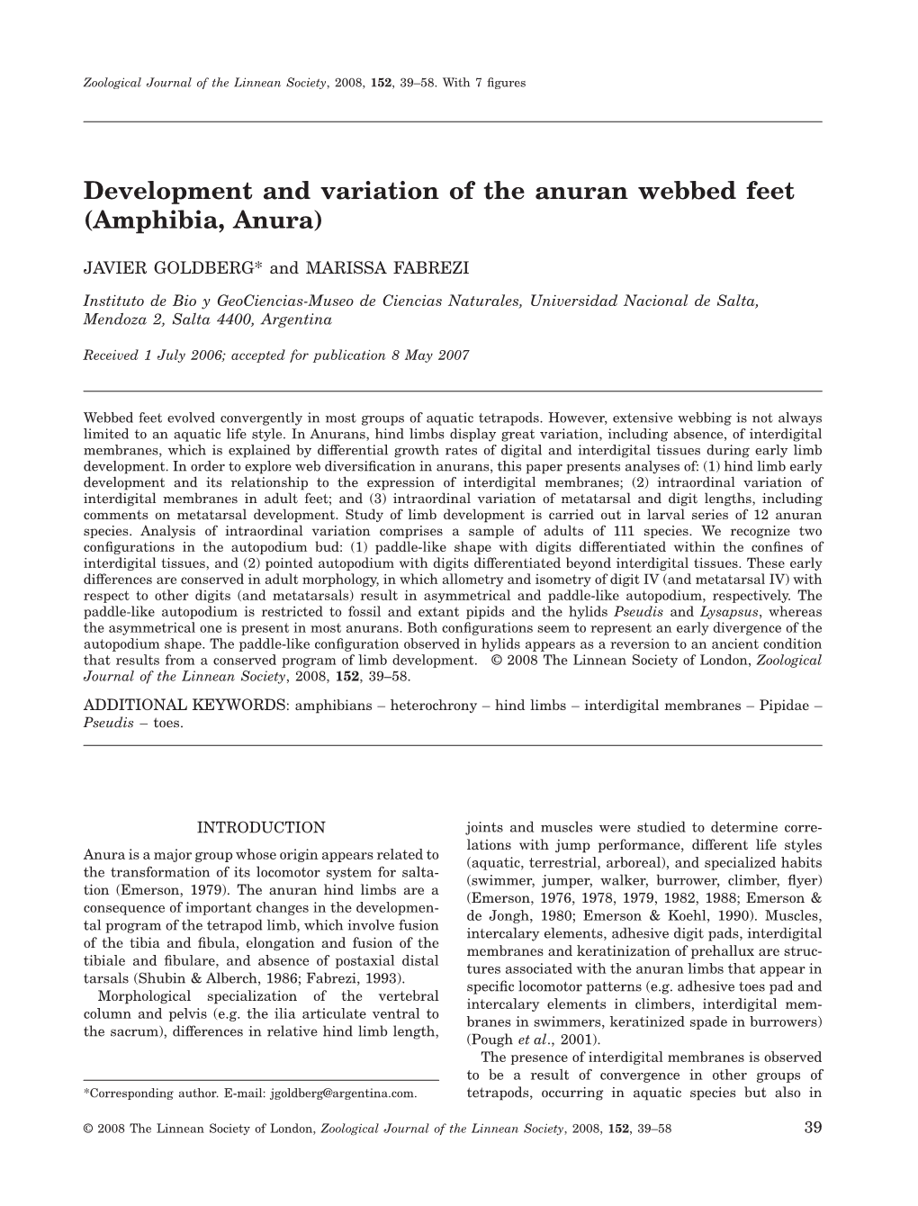 Development and Variation of the Anuran Webbed Feet (Amphibia, Anura)