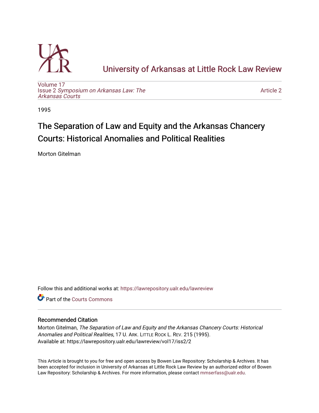 The Separation of Law and Equity and the Arkansas Chancery Courts: Historical Anomalies and Political Realities