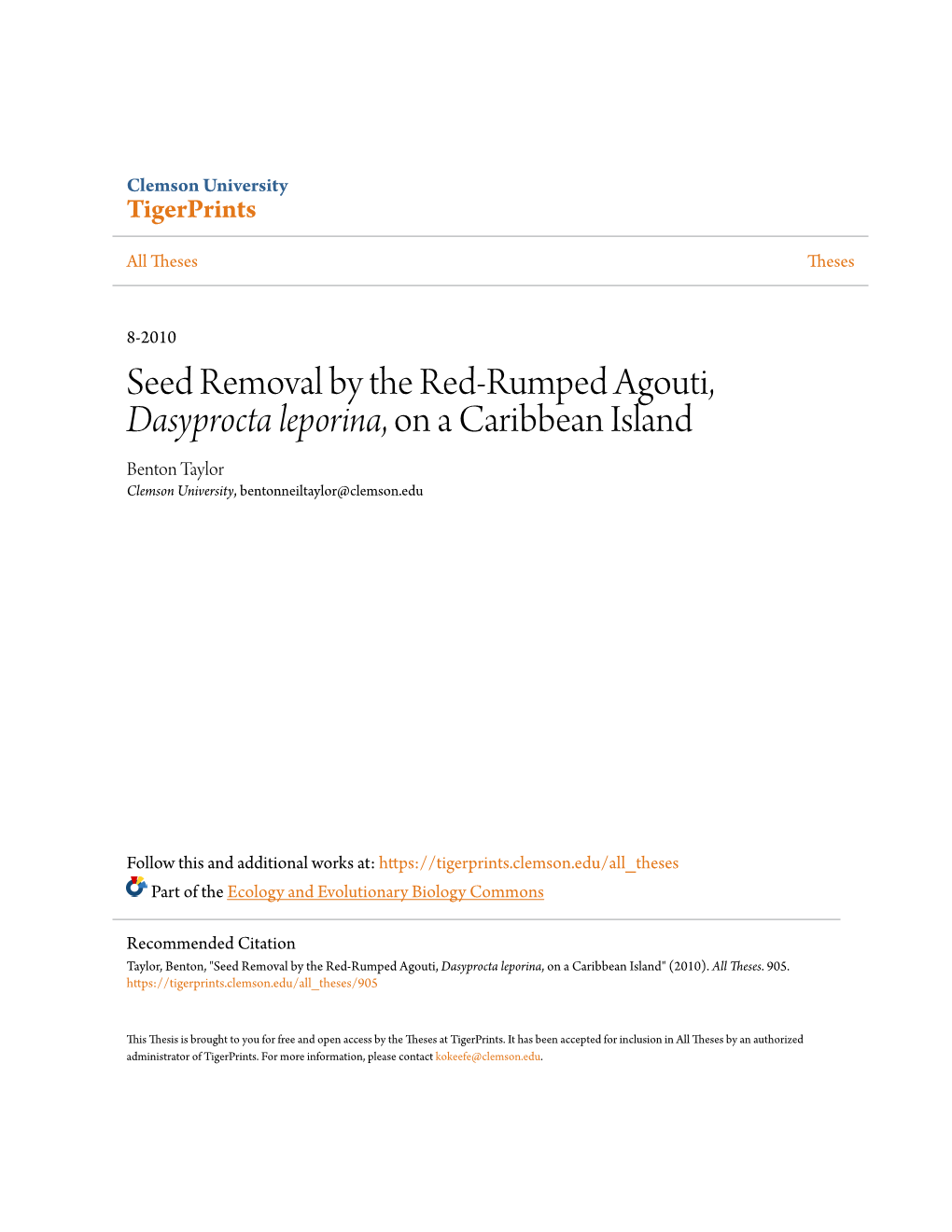 Seed Removal by the Red-Rumped Agouti, &lt;I&gt;Dasyprocta Leporina&lt;/I&gt;