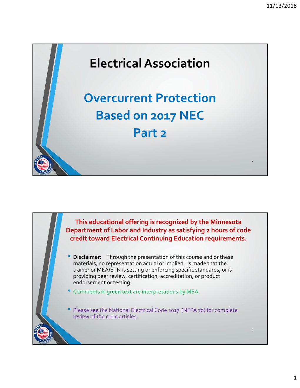 Electrical Association Overcurrent Protection Based on 2017 NEC Part 2