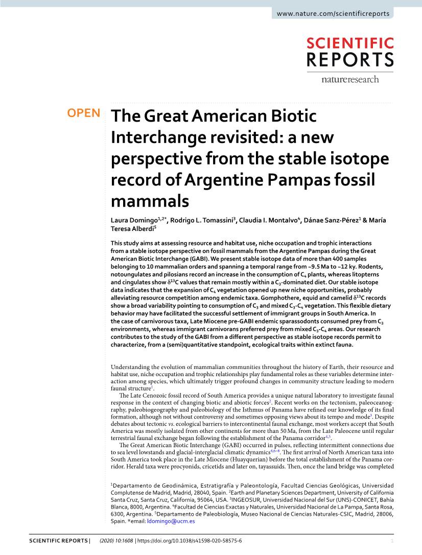 The Great American Biotic Interchange Revisited: a New Perspective from the Stable Isotope Record of Argentine Pampas Fossil Mammals Laura Domingo1,2*, Rodrigo L