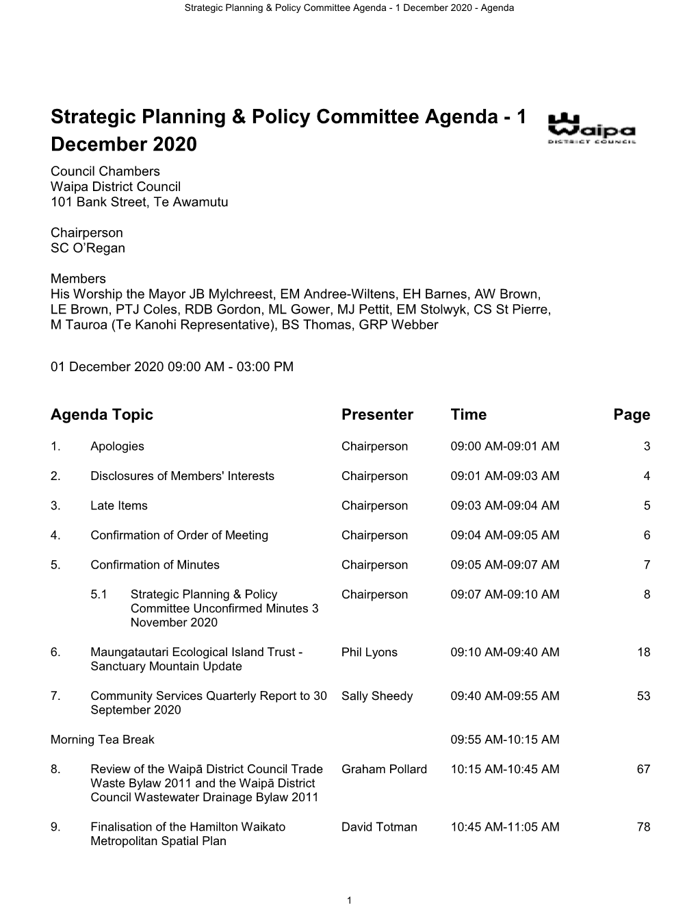Strategic Planning & Policy Committee Agenda