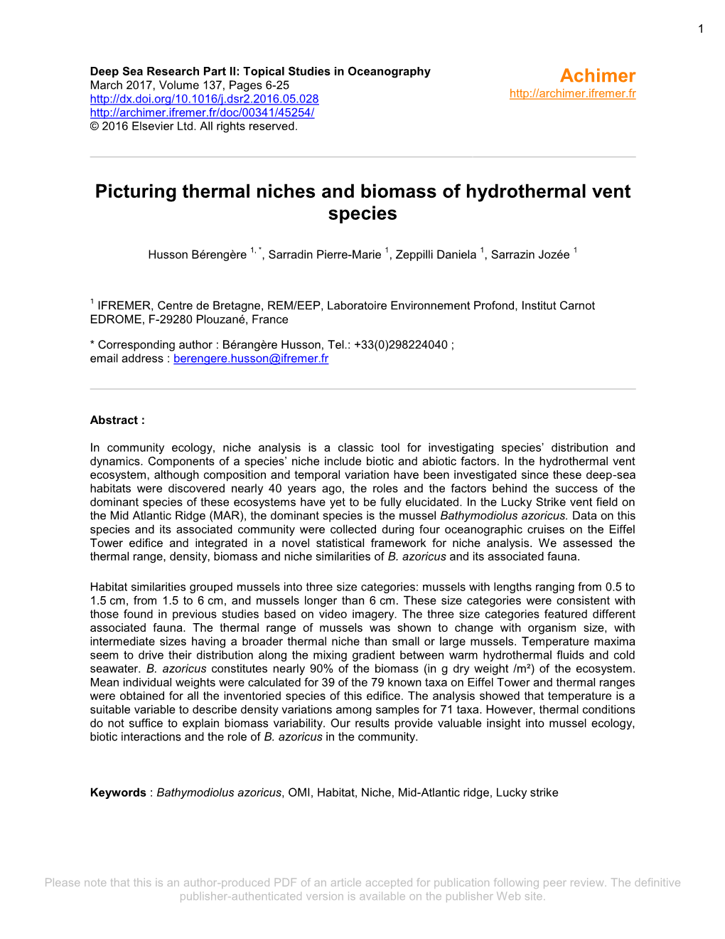 Picturing Thermal Niches and Biomass of Hydrothermal Vent Species
