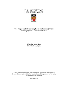 The Singapore National Employers Federation (SNEF) and Singapore's Industrial Relations K.C. Bernard