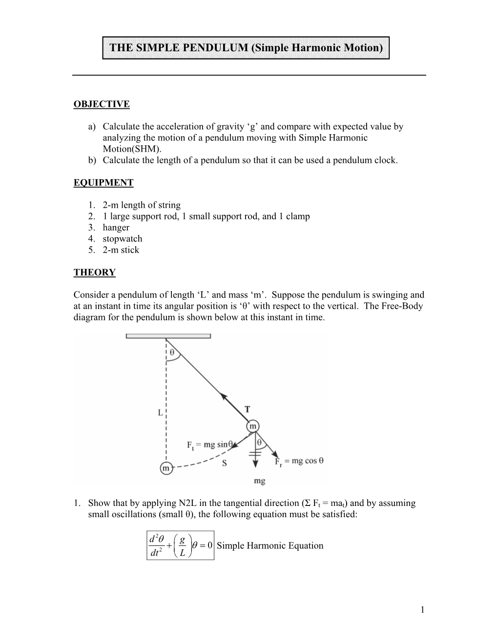 THE SIMPLE PENDULUM (Simple Harmonic Motion)